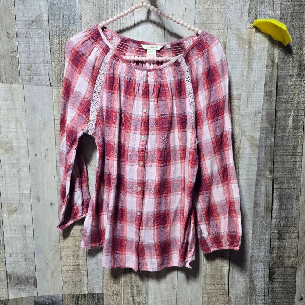 Sundance Red Pink Plaid Button Down Shirt XS Boho Preppy Femme Elle Woods Basic - Picture 1 of 4